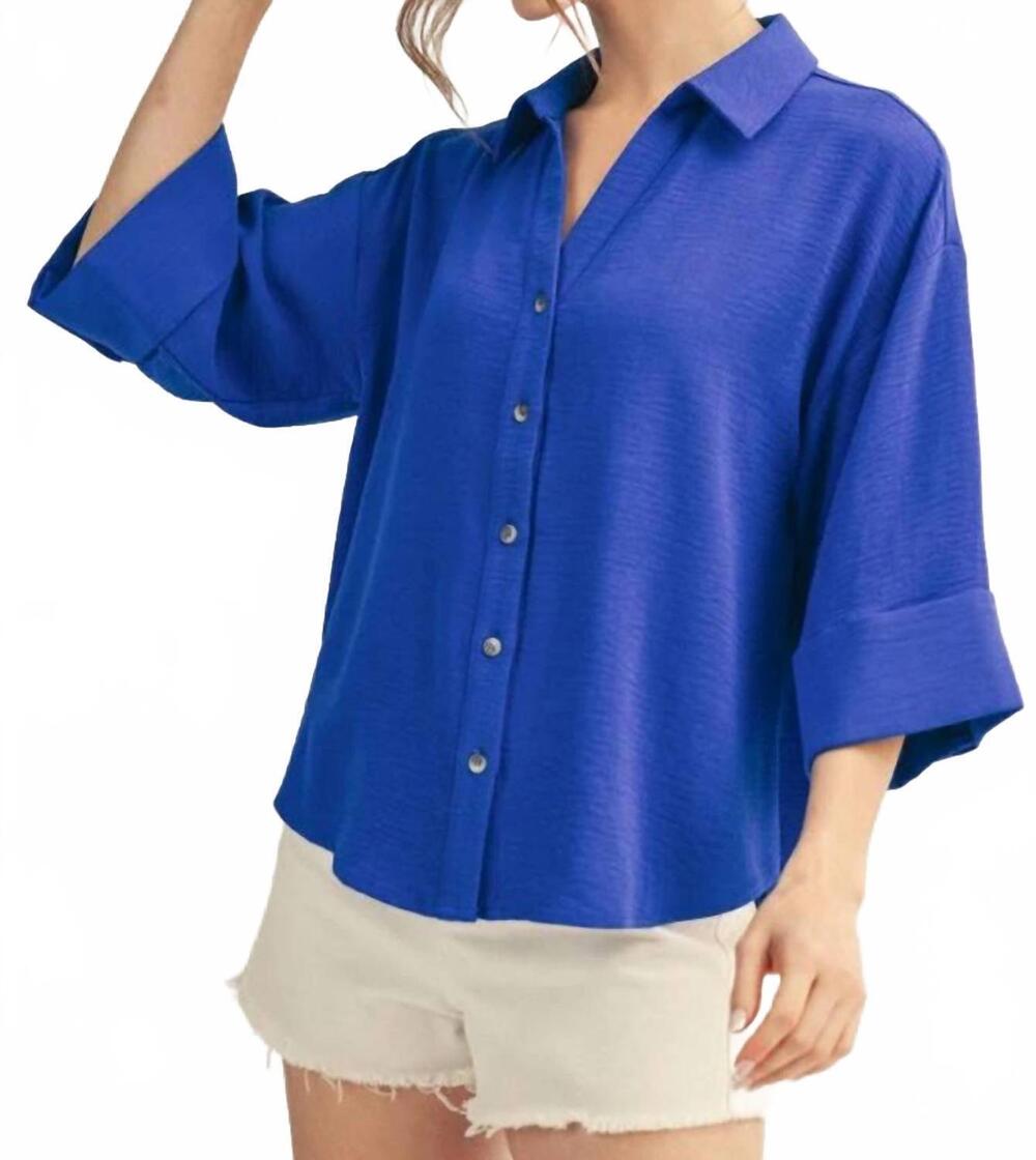 NEW JODIFL 3/4 sleeves front button up solid top in blue